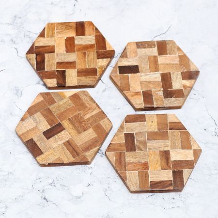 Antique Brown Hexagon Wooden Coasters - Pack of 4